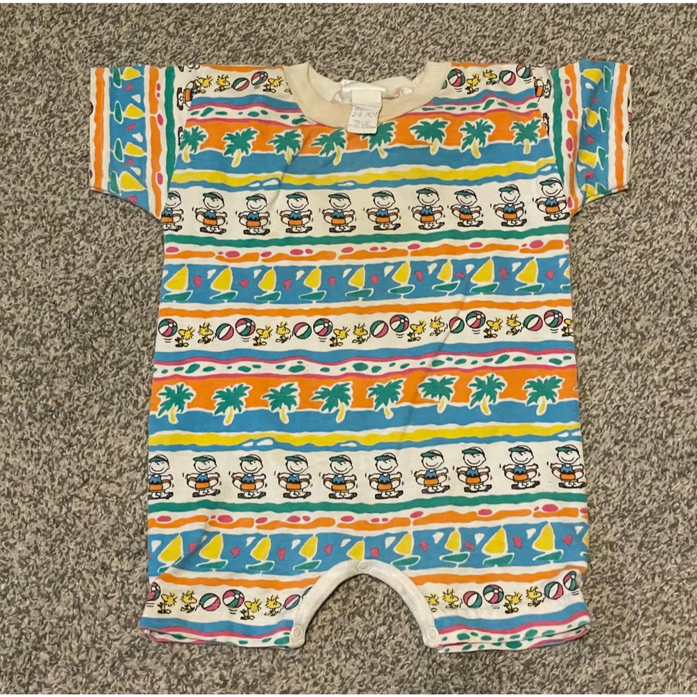 Vintage Peanuts Romper Baby 3-6 Months Multicolor Woodstock Beach 90s AOP READ